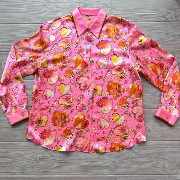 Womens Pink Valentines Hearts‎ And Candy Print Long Sleeve Button Up Top Size 14 - Picture 1 of 10